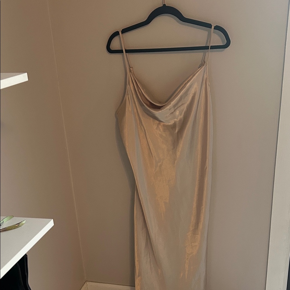 Bebe Champagne Satin Slip Dress with Cowl Neck